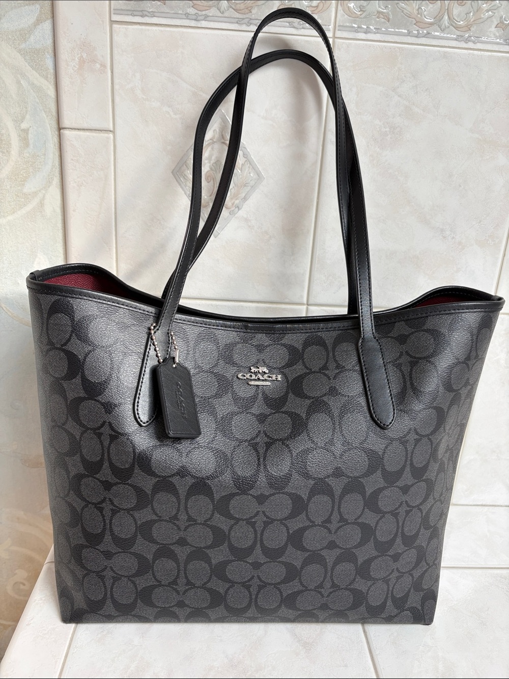 Coach City Tote in Charcoal/Black Signature Logo Canvas with Smooth Leather Trim